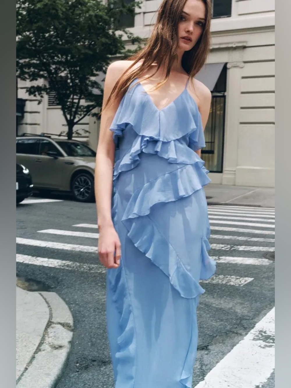 ZARA Light Blue Ruffled Long Dress - Summer Dress. L NWT